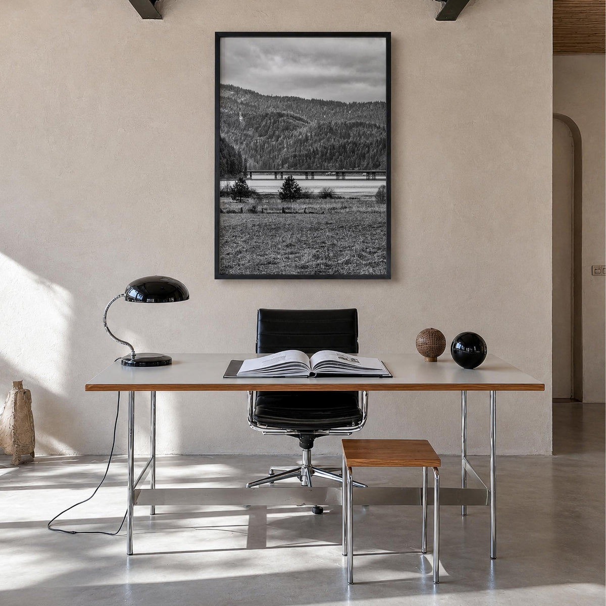 Coeur d'Alene black & white photo poster of Idaho, USA – vertical wall art in black wood frame, hanging on wall