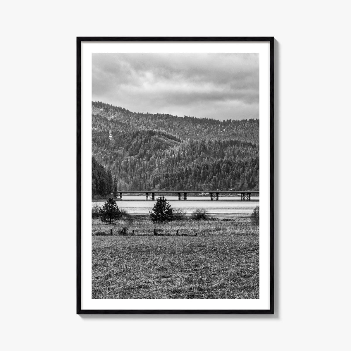 Coeur d'Alene black & white photo poster of Idaho, USA – vertical wall art, unframed print shown in interior mockup