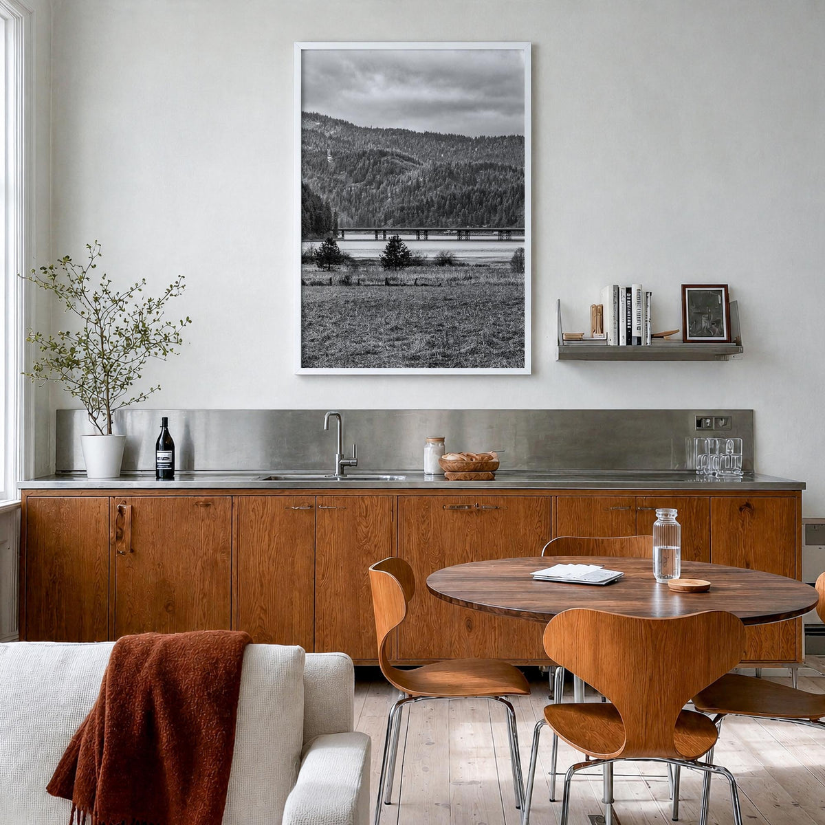Coeur d'Alene black & white photo poster of Idaho, USA – vertical wall art in white wood frame, hanging on wall