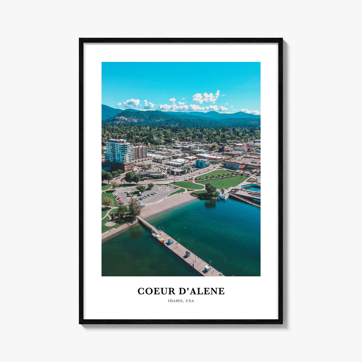 Coeur d'Alene colorful classic poster of Idaho, USA – vertical wall art, unframed print shown in interior mockup