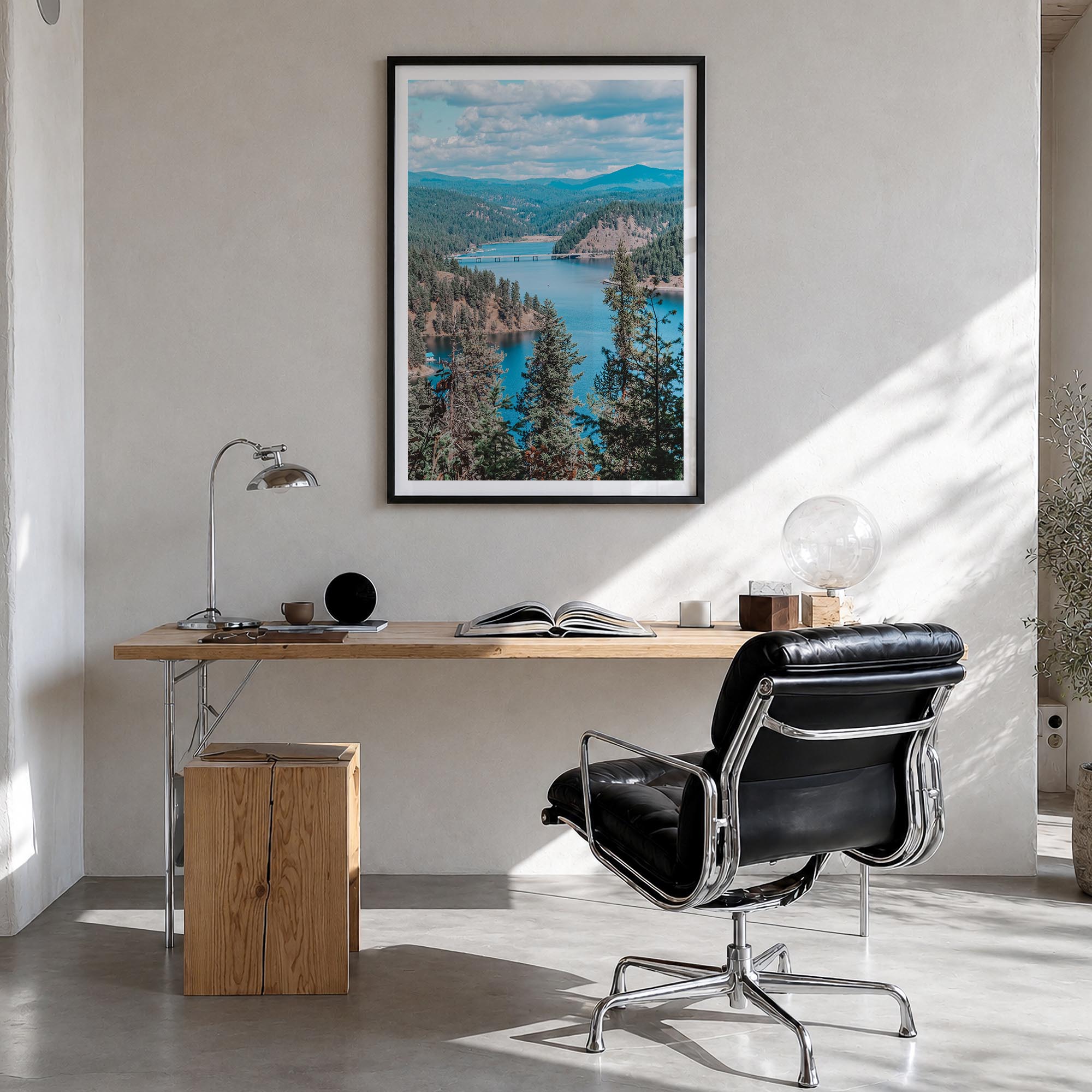 Coeur d'Alene colorful photo poster of Idaho, USA – vertical wall art in black wood frame with white border, hanging on wall
