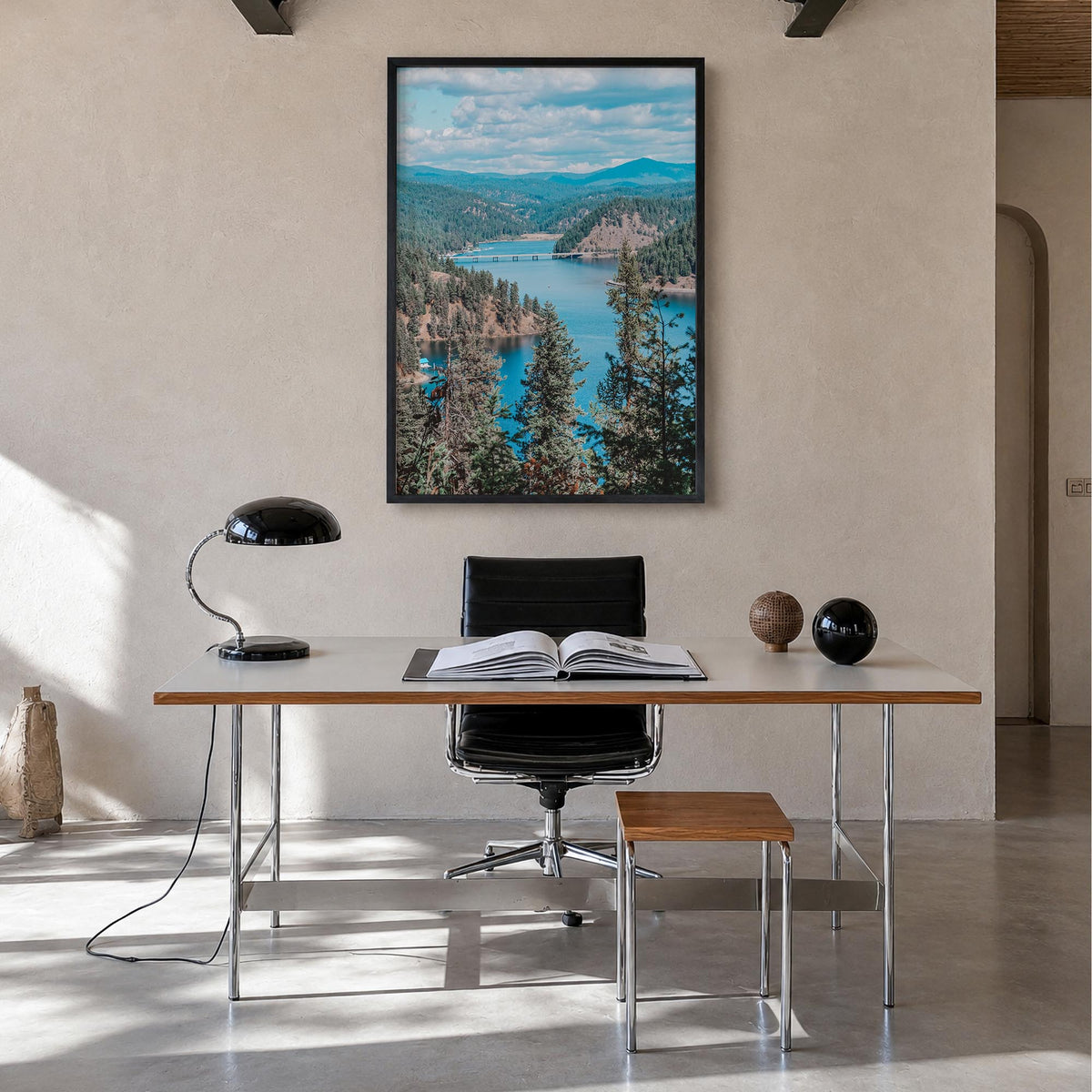 Coeur d'Alene colorful photo poster of Idaho, USA – vertical wall art in black wood frame, hanging on wall