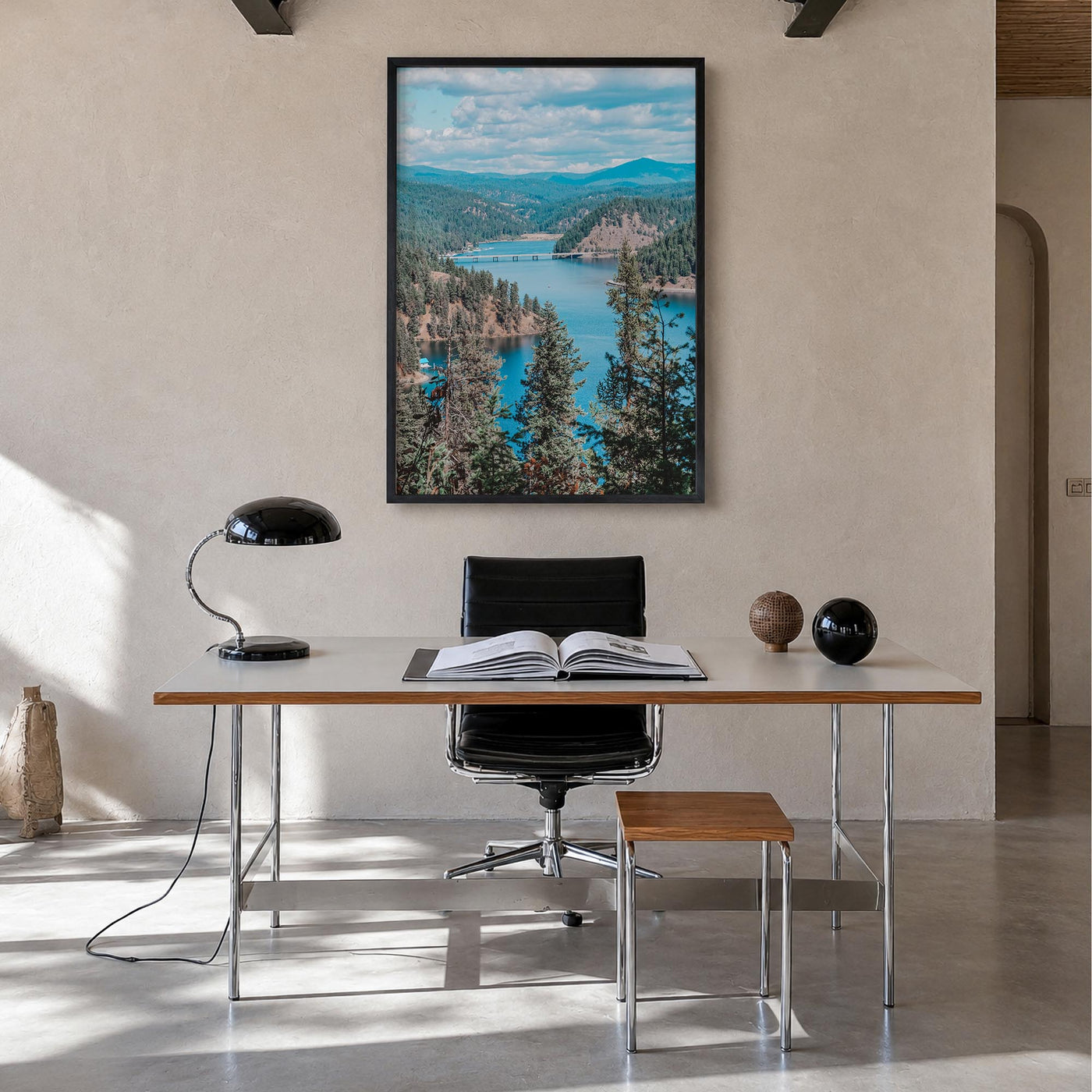 Coeur d'Alene colorful photo poster of Idaho, USA – vertical wall art in black wood frame, hanging on wall