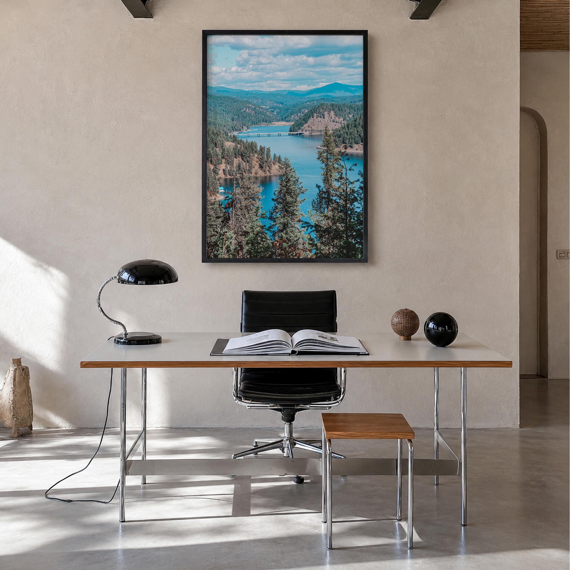 Coeur d'Alene colorful photo poster of Idaho, USA – vertical wall art in black wood frame, hanging on wall