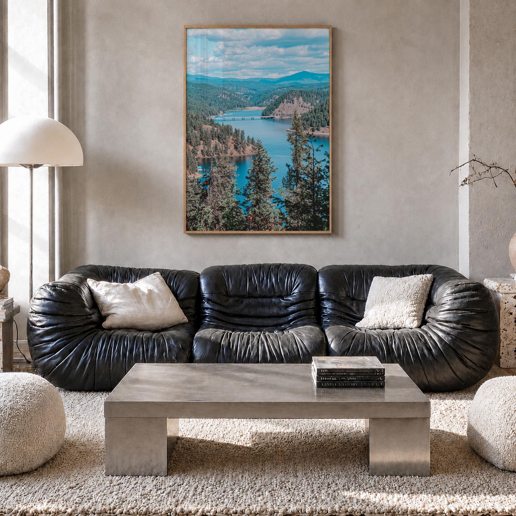 Coeur d'Alene colorful photo poster of Idaho, USA – vertical wall art in natural wood frame, hanging on wall