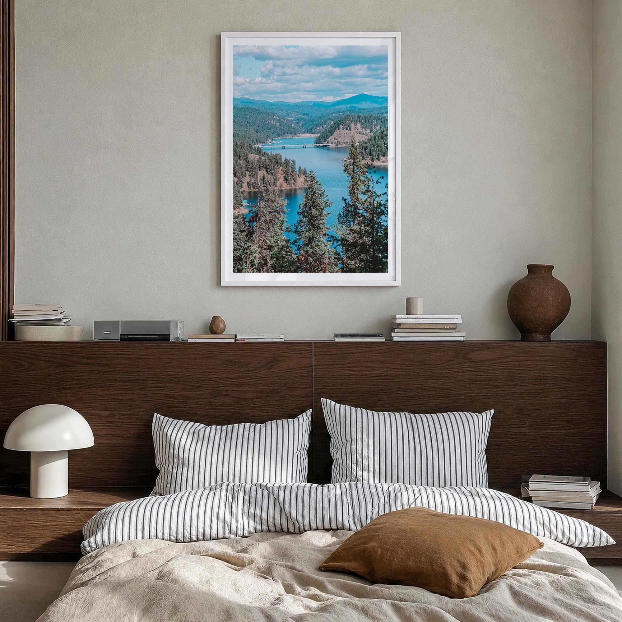 Coeur d'Alene colorful photo poster of Idaho, USA – vertical wall art in white wood frame with white border, hanging on wall