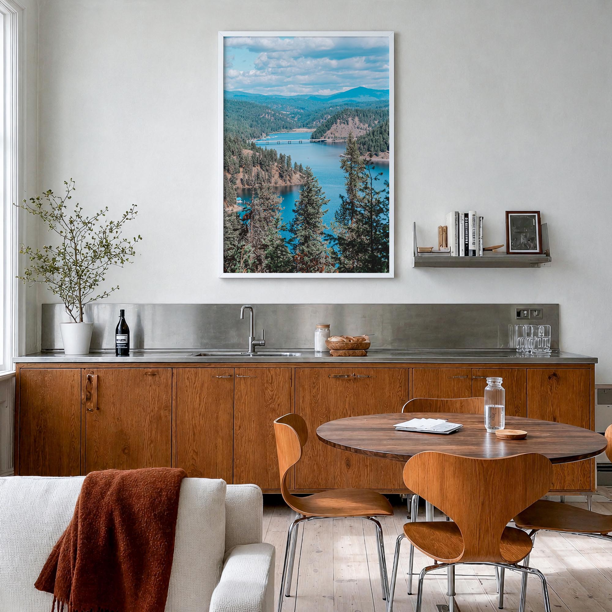 Coeur d'Alene colorful photo poster of Idaho, USA – vertical wall art in white wood frame, hanging on wall