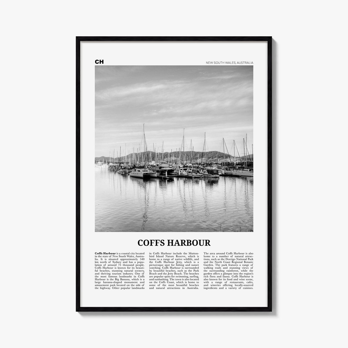 Coffs Harbour black & white newspaper poster of Australia – vertical wall art, unframed print shown in interior mockup