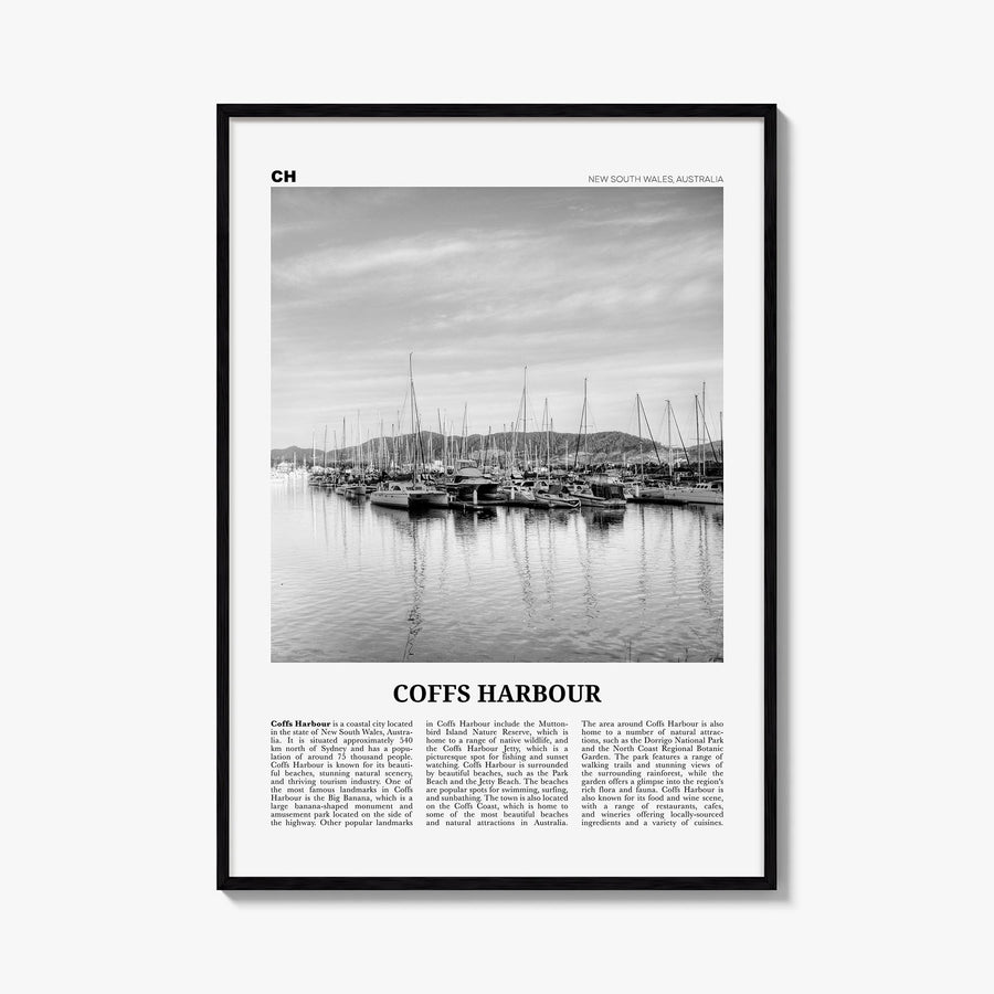 Coffs Harbour black & white newspaper poster of Australia – vertical wall art, unframed print shown in interior mockup