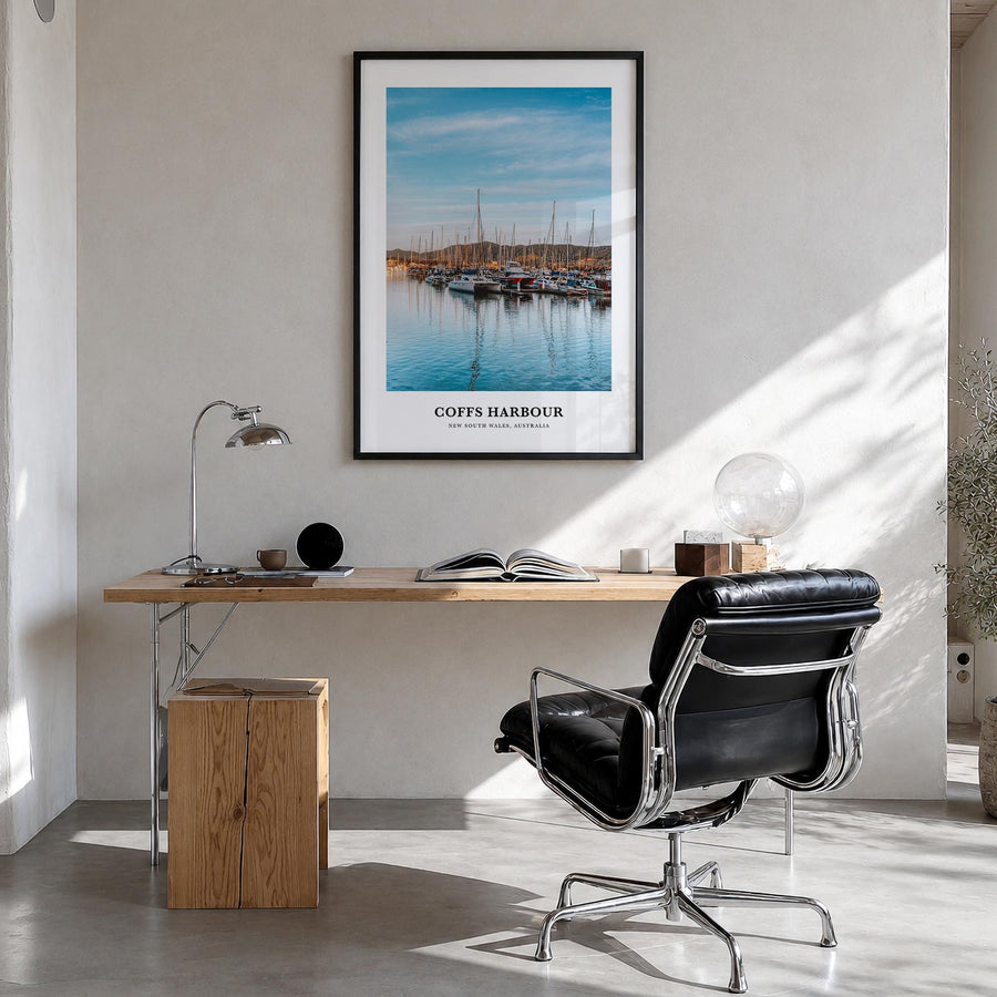 Coffs Harbour colorful classic poster of Australia – vertical wall art in black wood frame, hanging on wall
