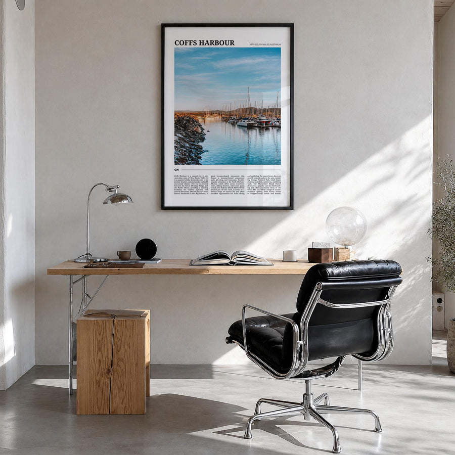 Coffs Harbour colorful travel poster of Australia – vertical wall art in black wood frame, hanging on wall