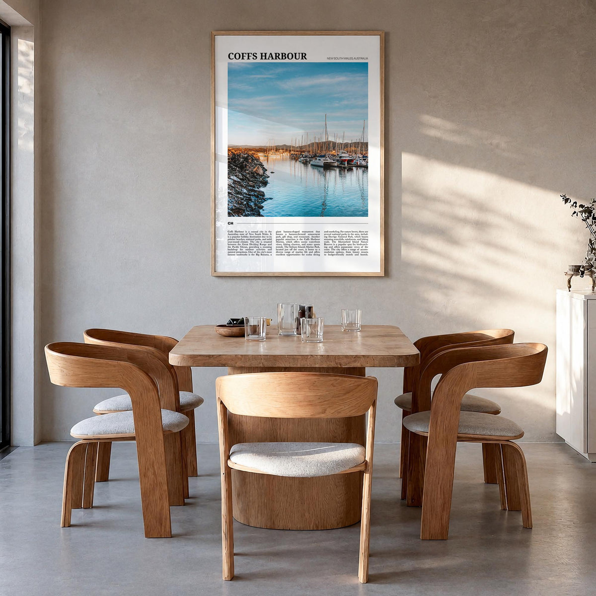Coffs Harbour colorful travel poster of Australia – vertical wall art in natural wood frame, hanging on wall
