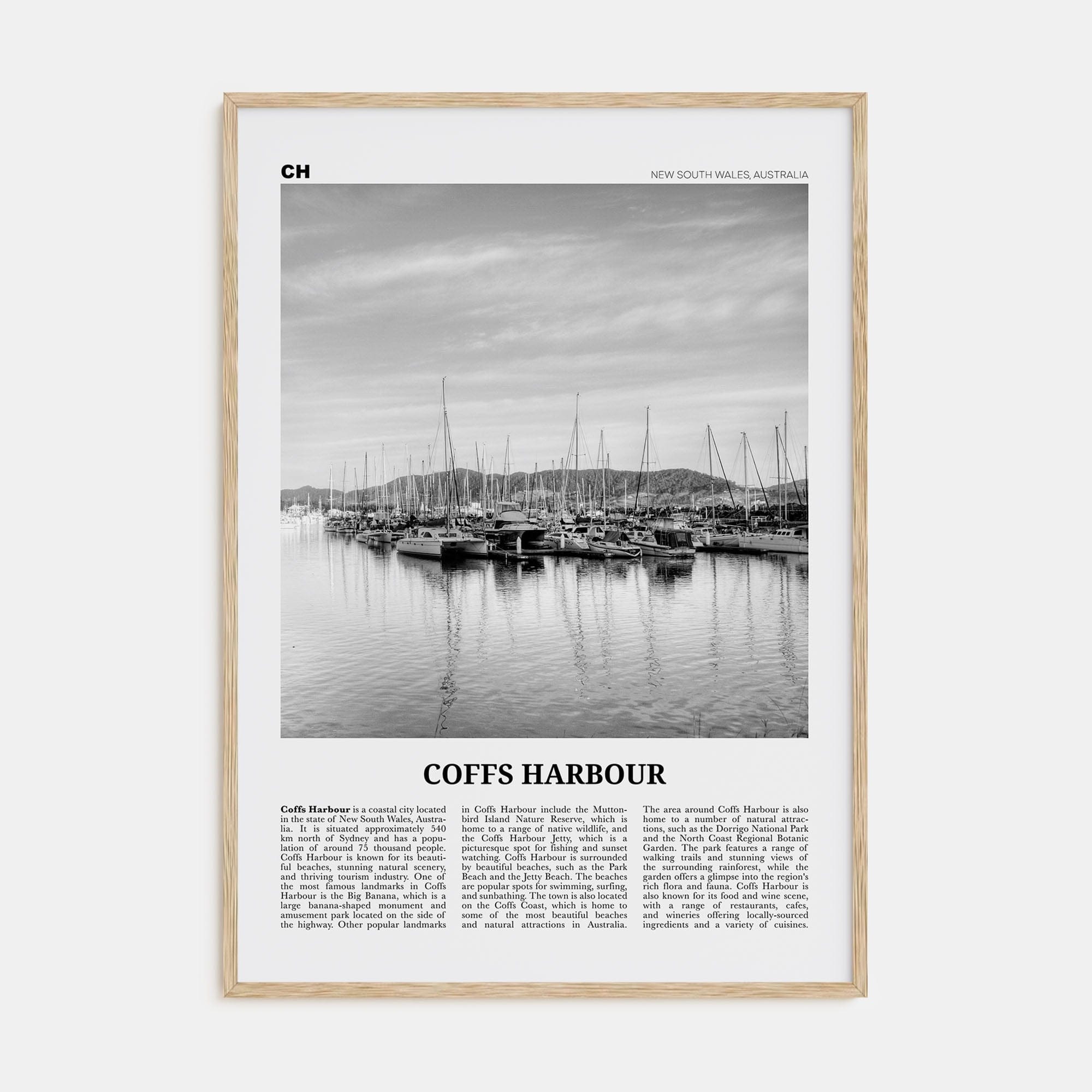 Coffs Harbour Poster Natural Wood / 8x12 in Nbourhood Travel B&W Poster