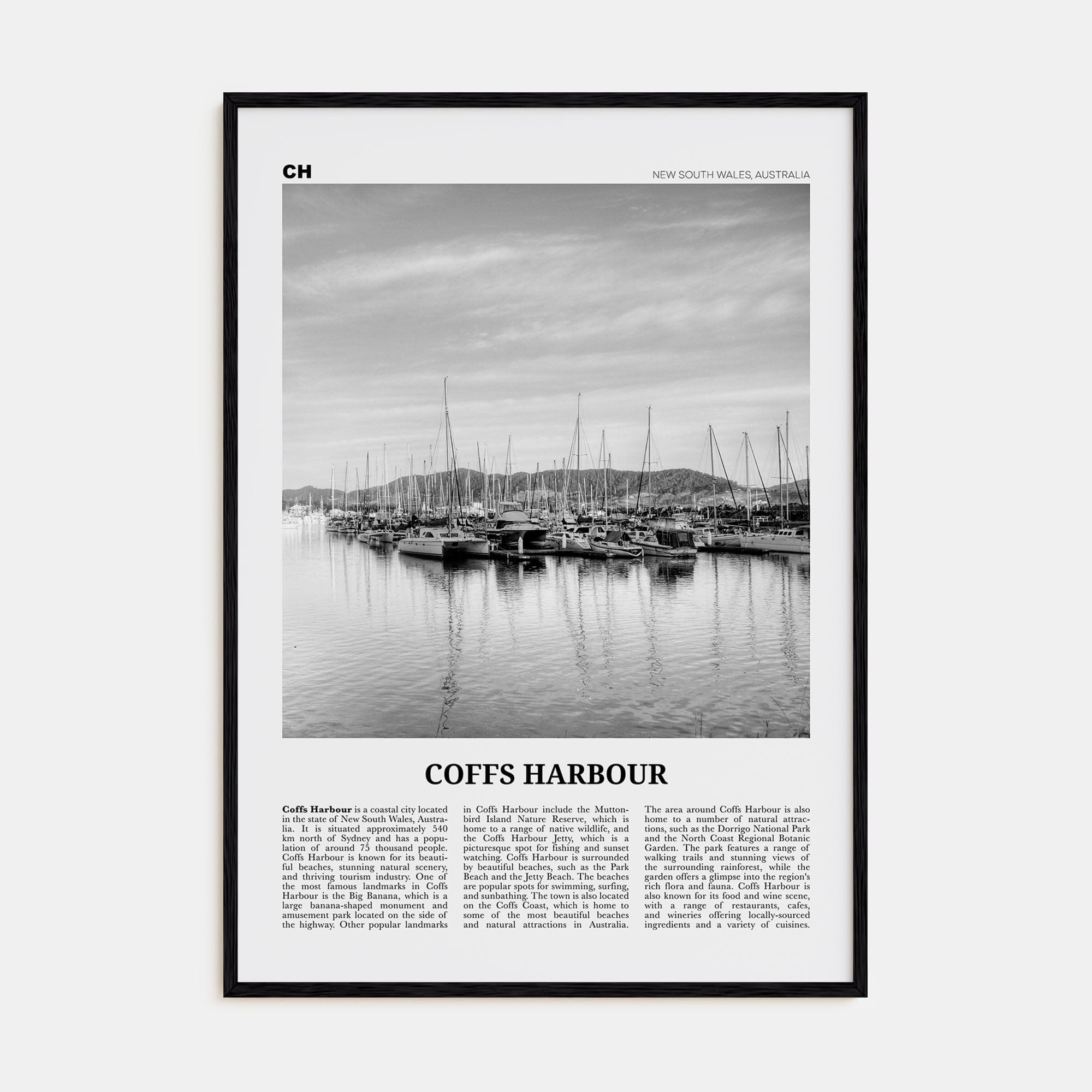 Coffs Harbour Poster Black Wood / 8x12 in Nbourhood Travel B&W Poster