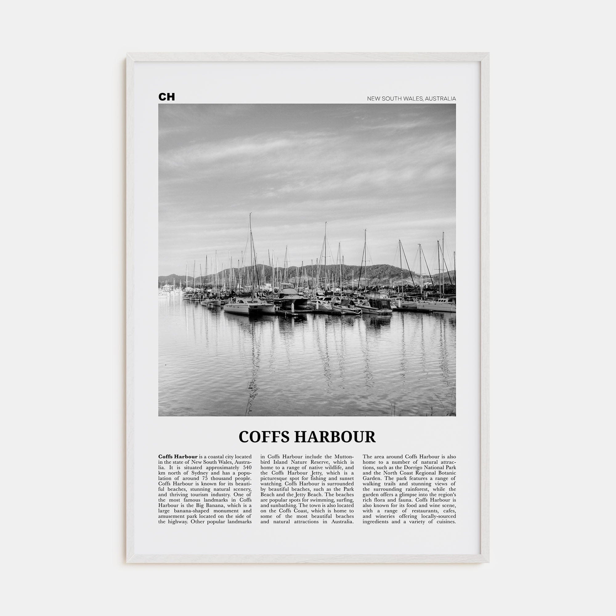 Coffs Harbour Poster White Wood / 8x12 in Nbourhood Travel B&W Poster