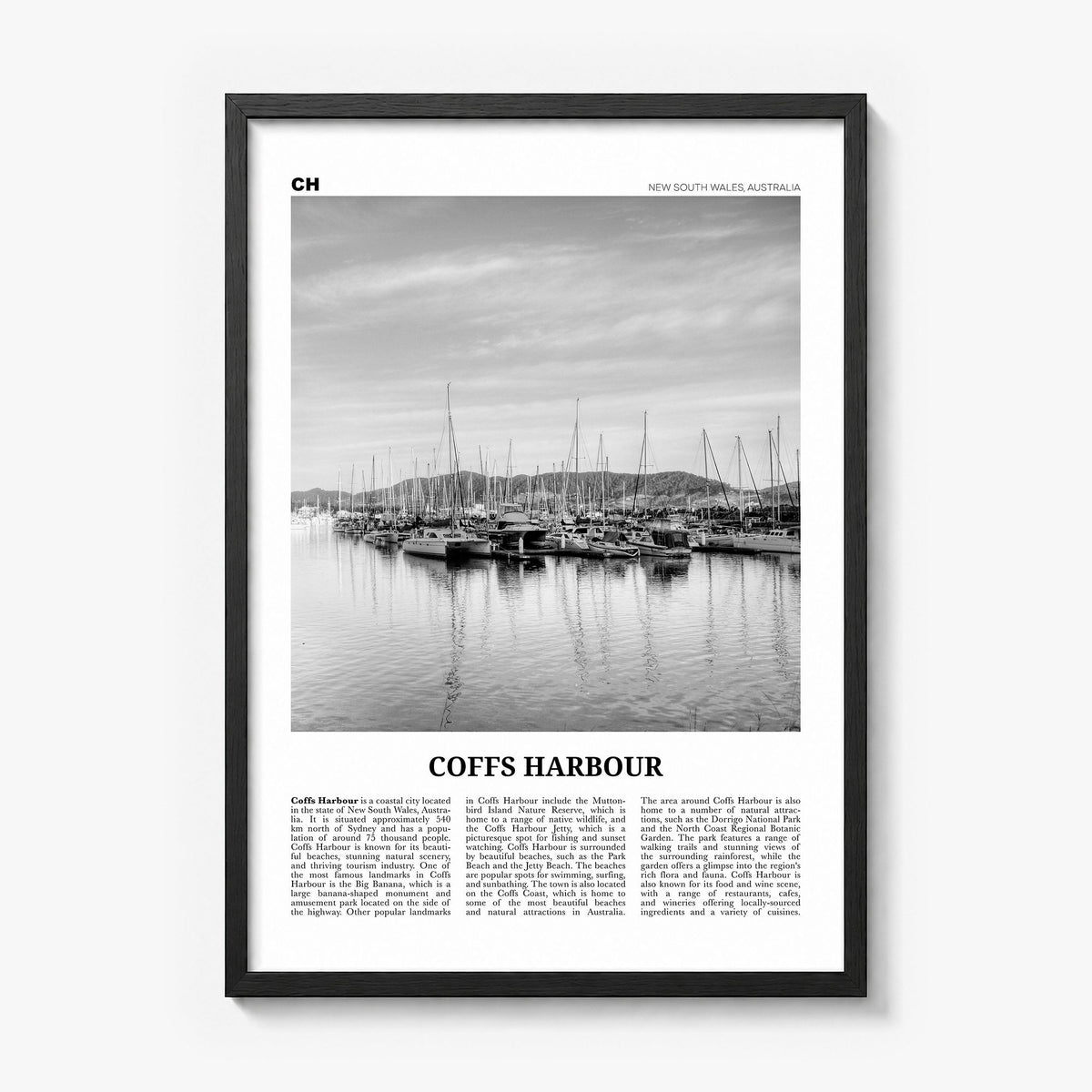 Coffs Harbour Newspaper Poster in a black wood frame