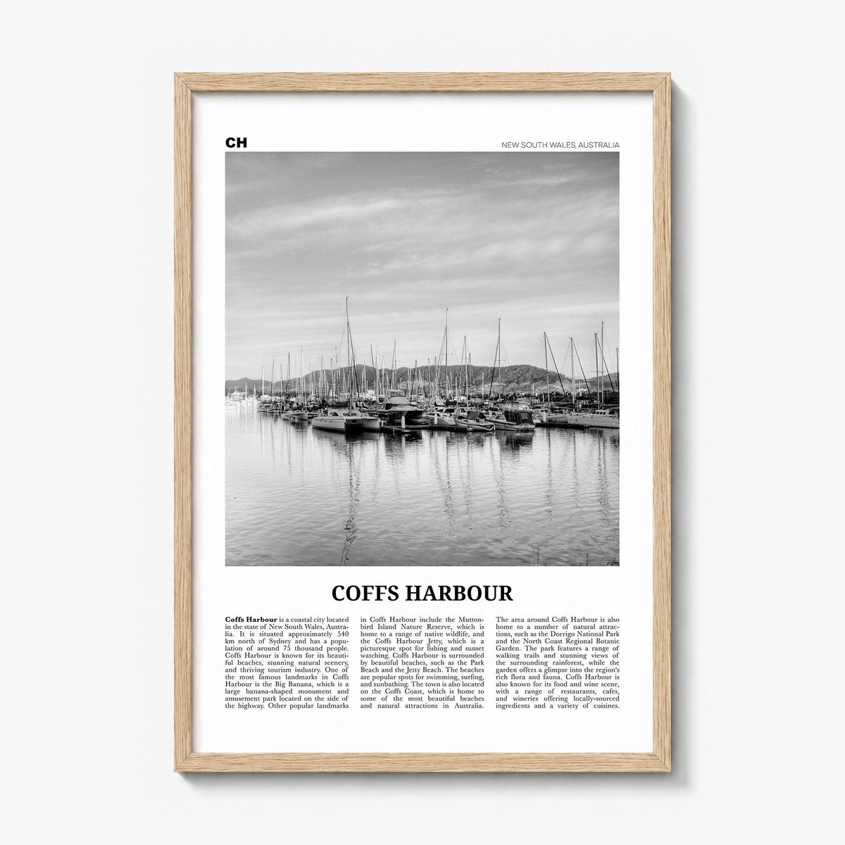 Coffs Harbour Newspaper Poster in a natural wood frame