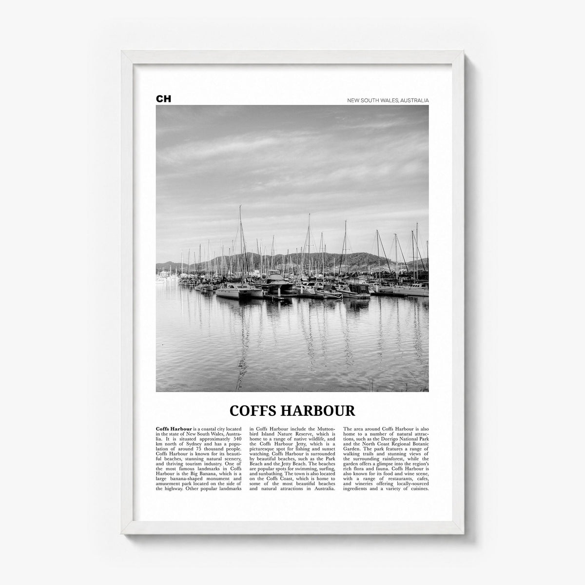 Coffs Harbour Newspaper Poster in a white wood frame