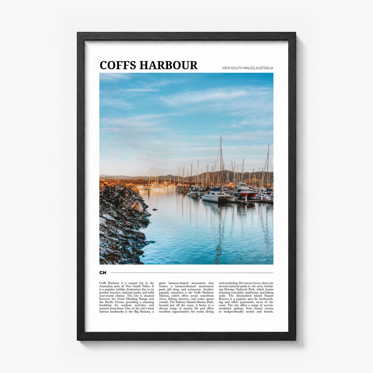 Coffs Harbour Travel Poster in a black wood frame