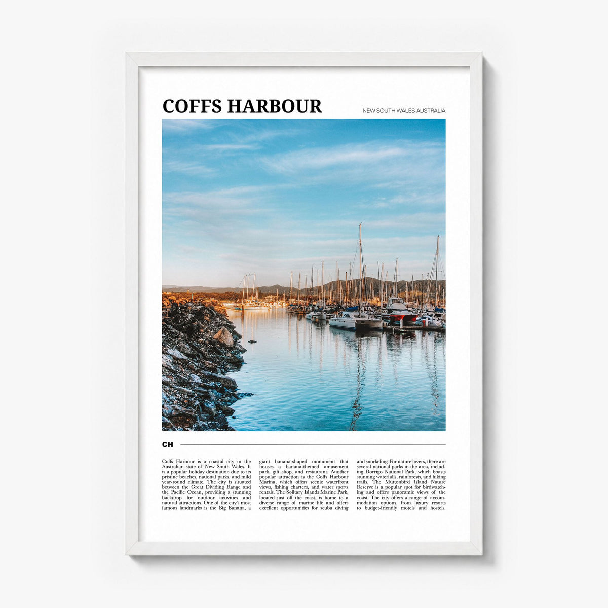 Coffs Harbour Travel Poster in a white wood frame