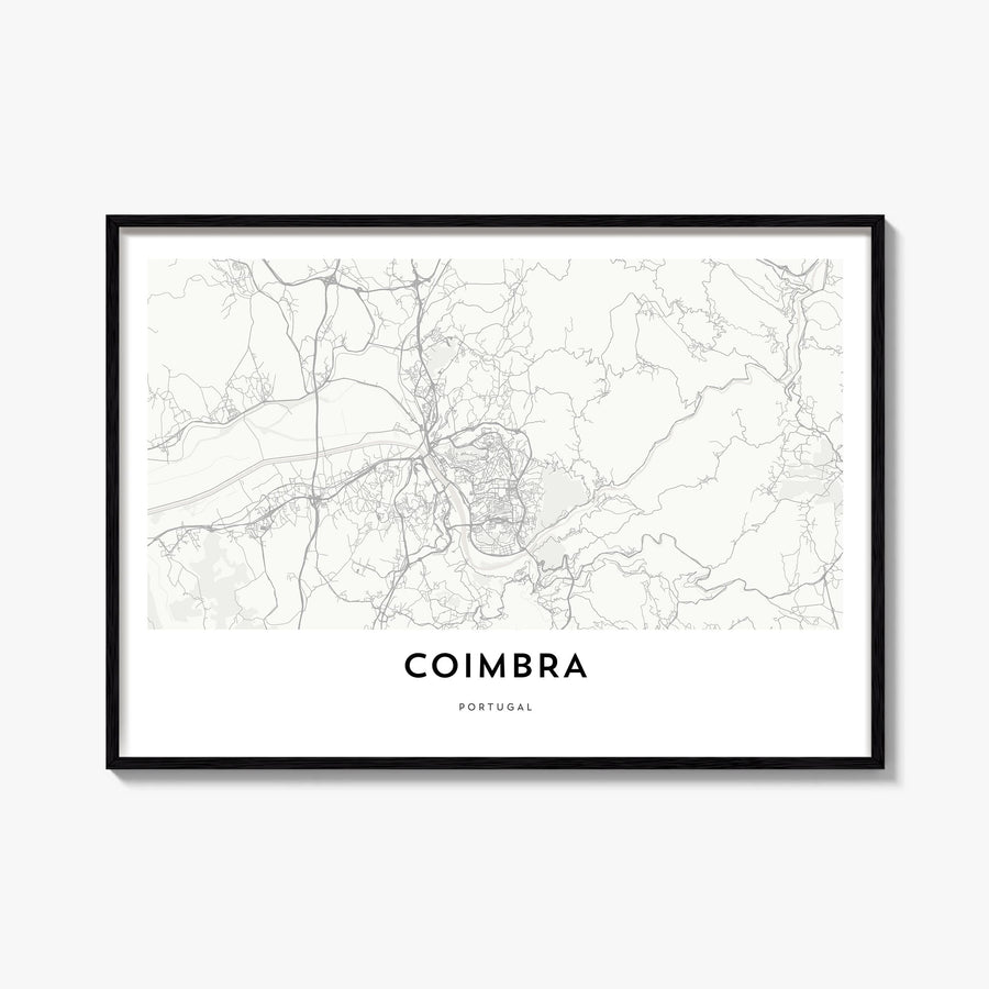 Coimbra black & white map poster of Portugal – horizontal wall art, unframed print shown in interior mockup