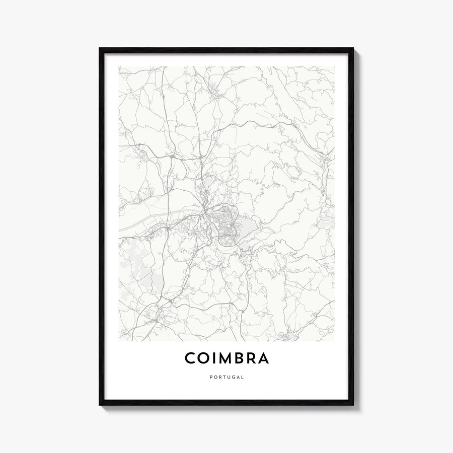 Coimbra black & white map poster of Portugal – vertical wall art, unframed print shown in interior mockup