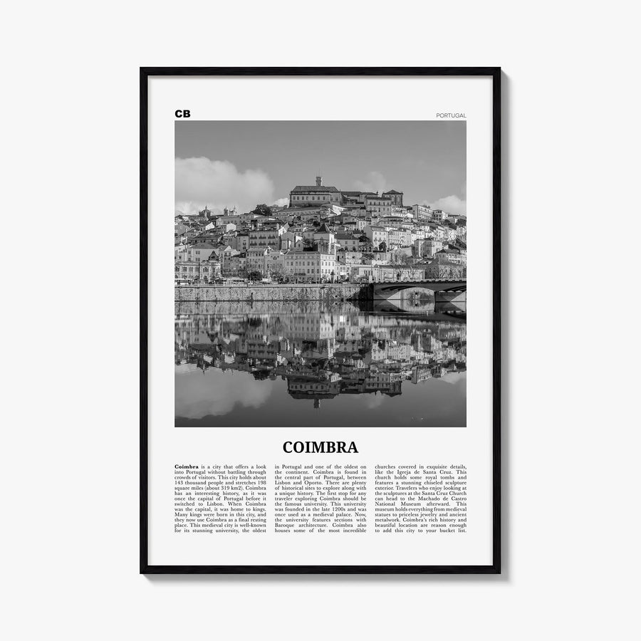 Coimbra black & white newspaper poster of Portugal – vertical wall art, unframed print shown in interior mockup