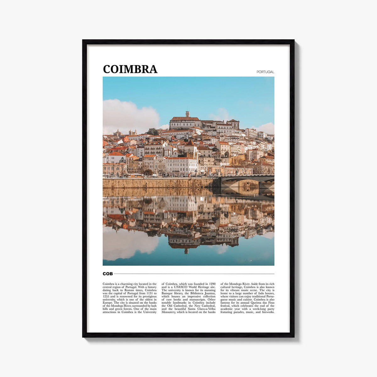 Coimbra colorful travel poster of Portugal – vertical wall art, unframed print shown in interior mockup