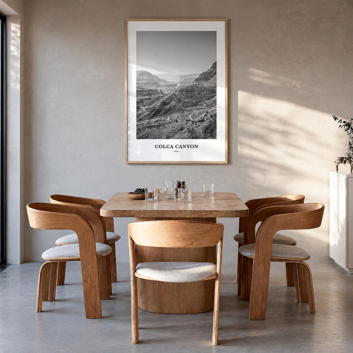 Colca Canyon black & white classic poster of Peru – vertical wall art in natural wood frame, hanging on wall