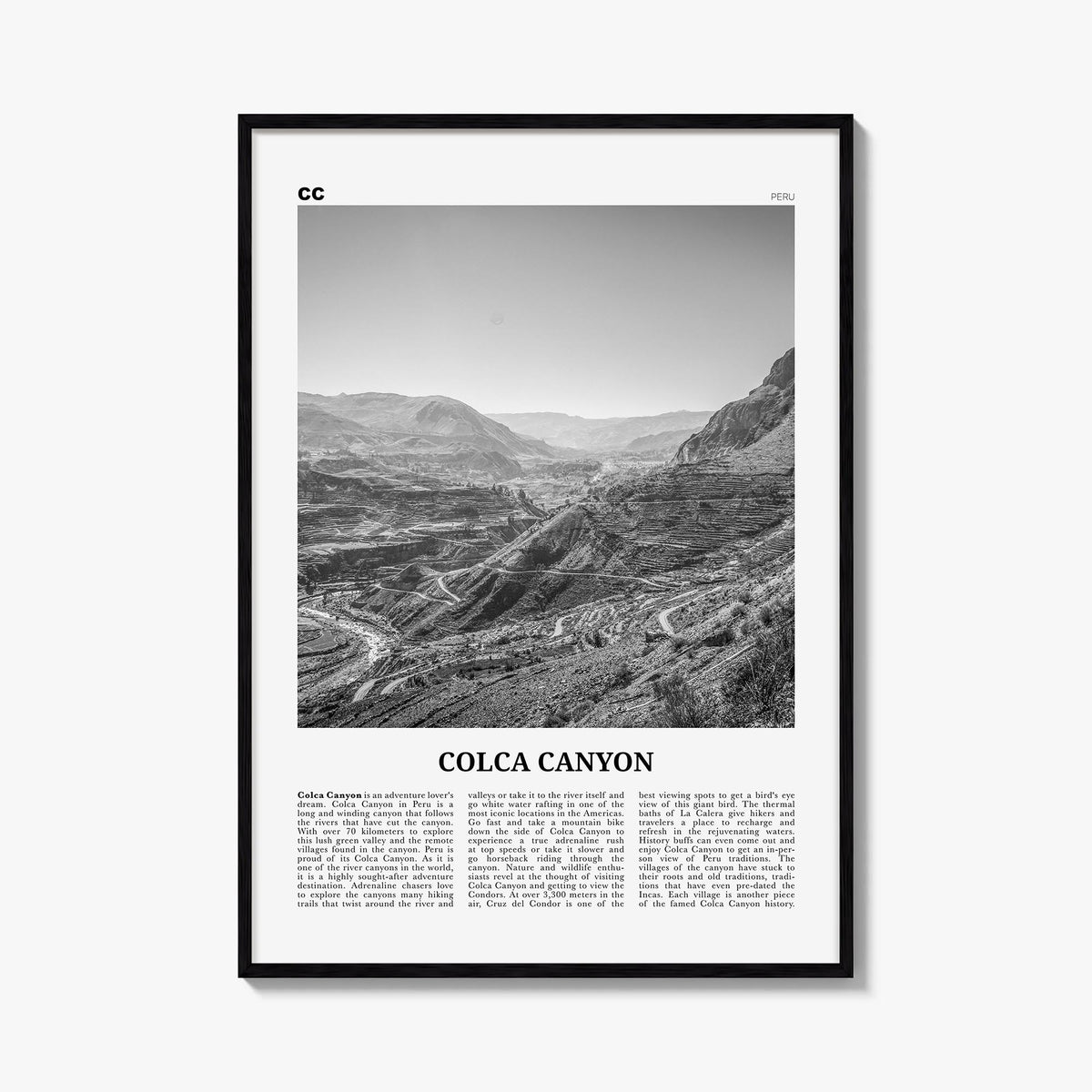 Colca Canyon black & white newspaper poster of Peru – vertical wall art, unframed print shown in interior mockup