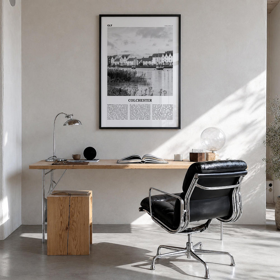 Colchester black & white newspaper poster of United Kingdom – vertical wall art in black wood frame, hanging on wall