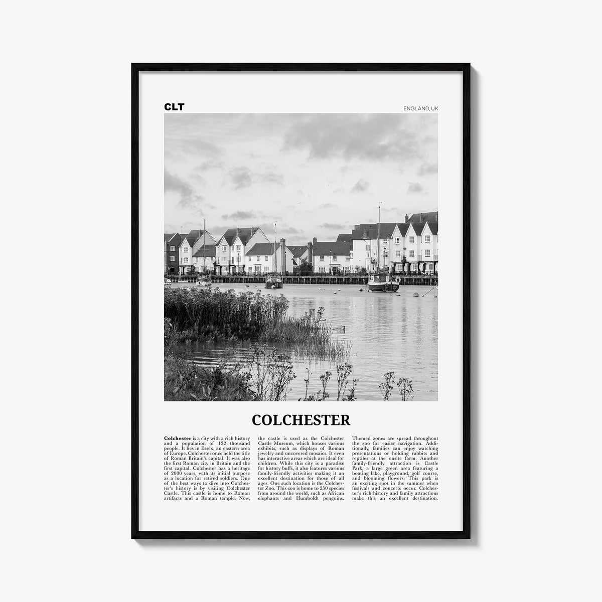 Colchester black & white newspaper poster of United Kingdom – vertical wall art, unframed print shown in interior mockup