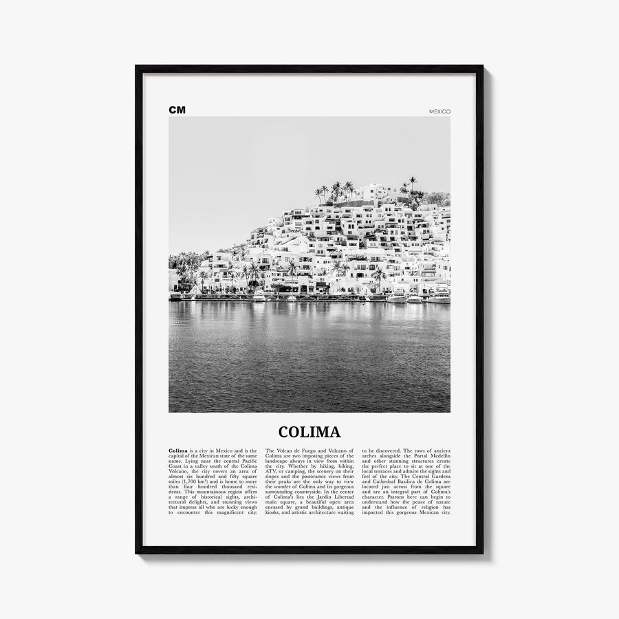 Colima black & white newspaper poster of Mexico – vertical wall art, unframed print shown in interior mockup
