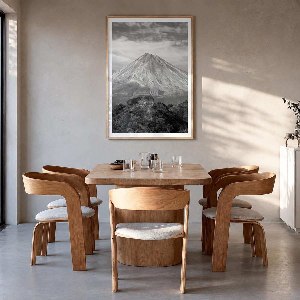 Colima black & white photo poster of Mexico – vertical wall art in natural wood frame with white border, hanging on wall