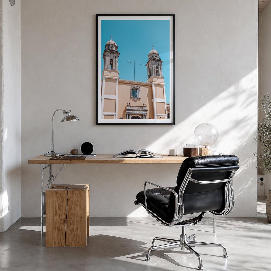 Colima colorful photo poster of Mexico – vertical wall art in black wood frame with white border, hanging on wall