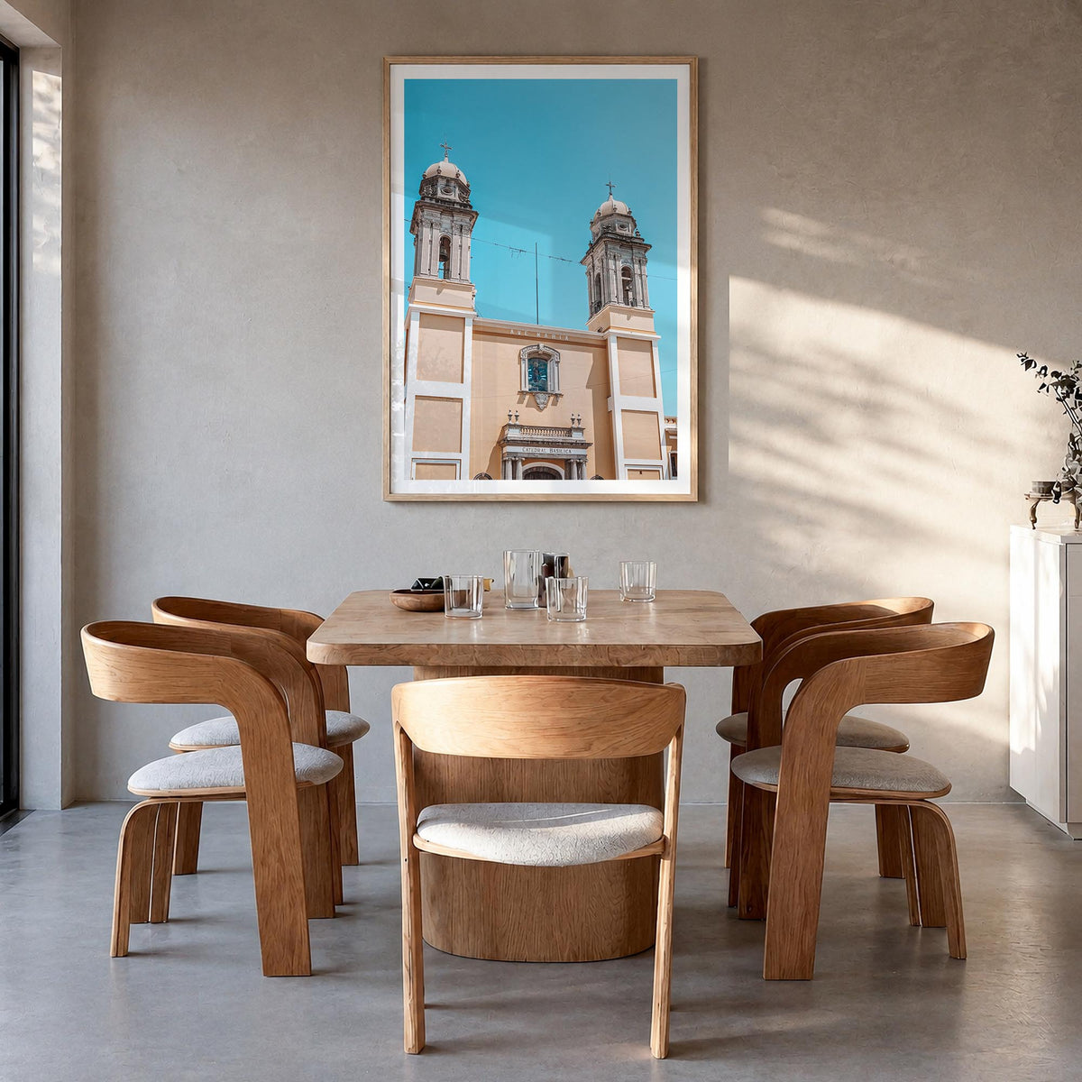 Colima colorful photo poster of Mexico – vertical wall art in natural wood frame with white border, hanging on wall