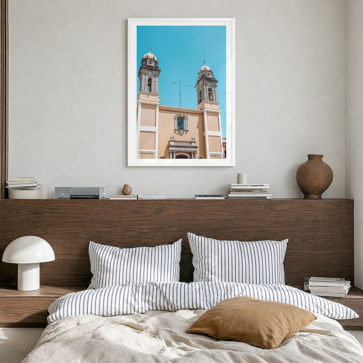 Colima Photo Poster in a white wood frame, hanging in a bedroom, white border