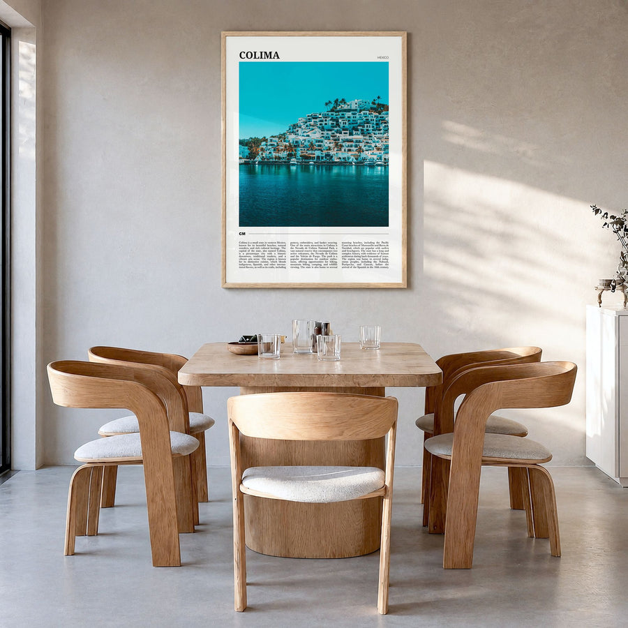 Colima Travel Poster in a natural wood frame, hanging in a dining room