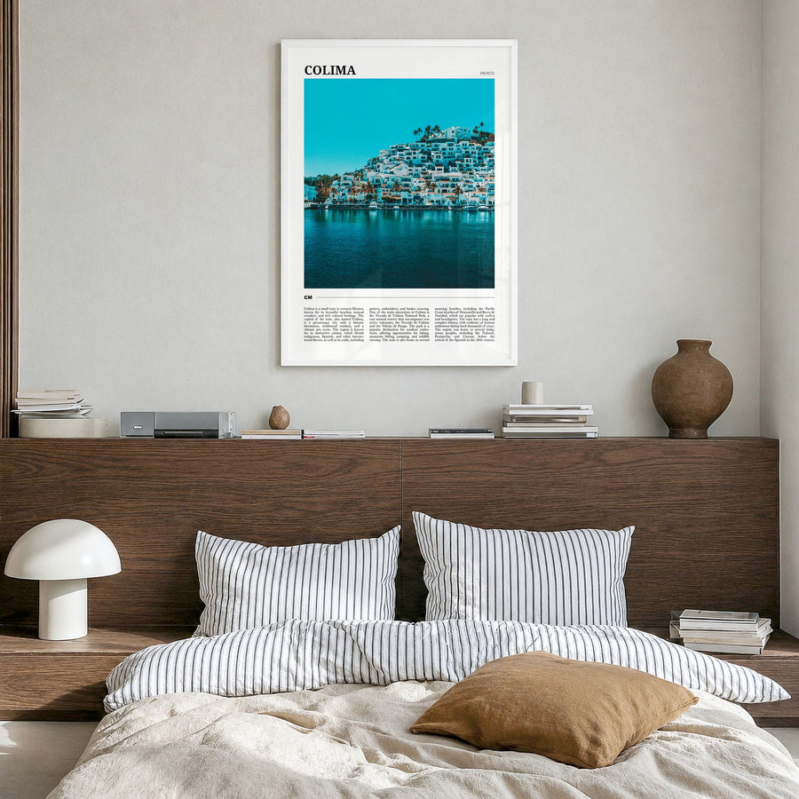Colima Travel Poster in a white wood frame, hanging in a bedroom