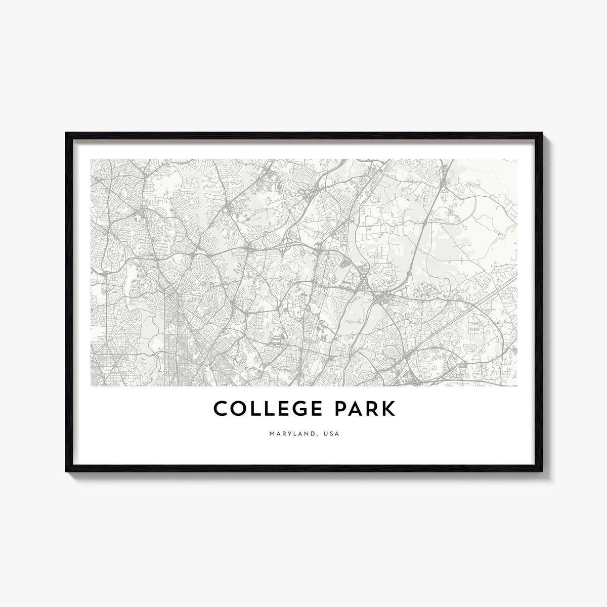 College Park black & white map poster of Maryland, USA – horizontal wall art, unframed print shown in interior mockup