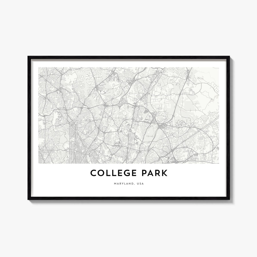 College Park black & white map poster of Maryland, USA – horizontal wall art, unframed print shown in interior mockup