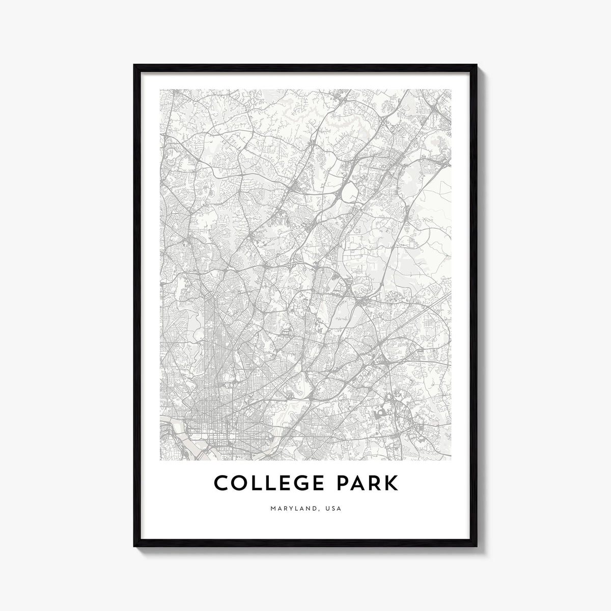 College Park black & white map poster of Maryland, USA – vertical wall art, unframed print shown in interior mockup