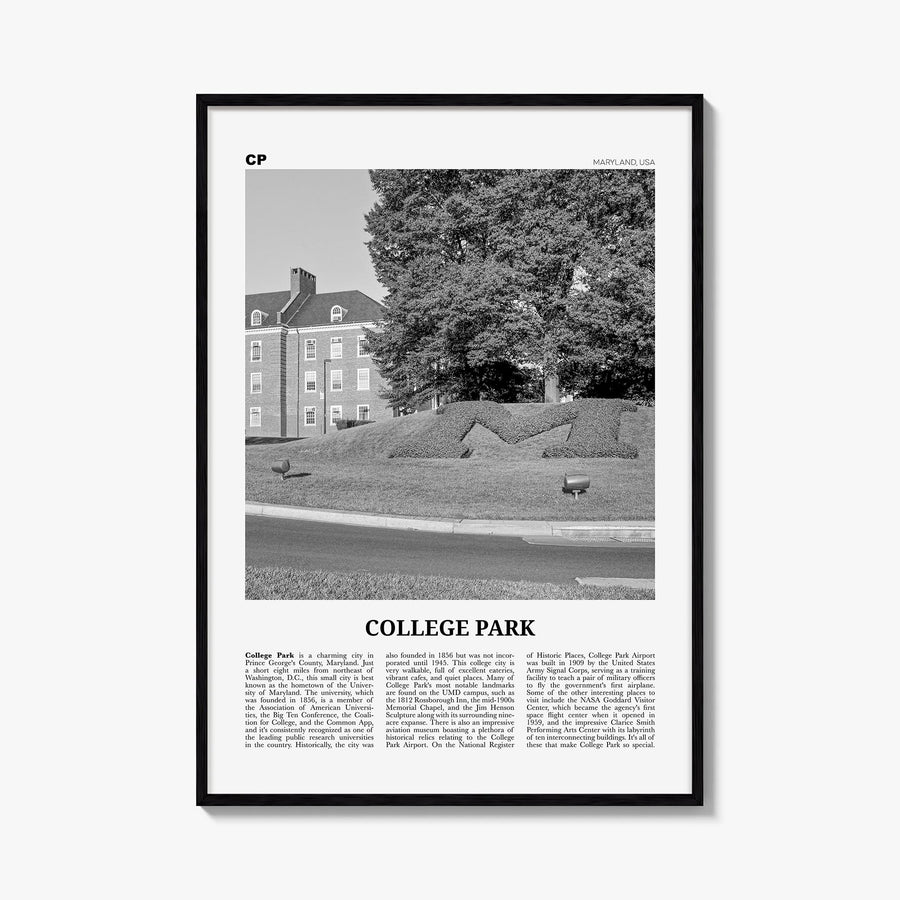 College Park black & white newspaper poster of Maryland, USA – vertical wall art, unframed print shown in interior mockup