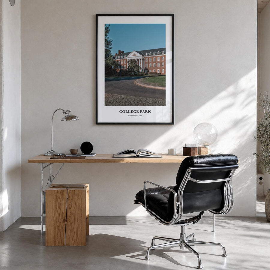 College Park colorful classic poster of Maryland, USA – vertical wall art in black wood frame, hanging on wall