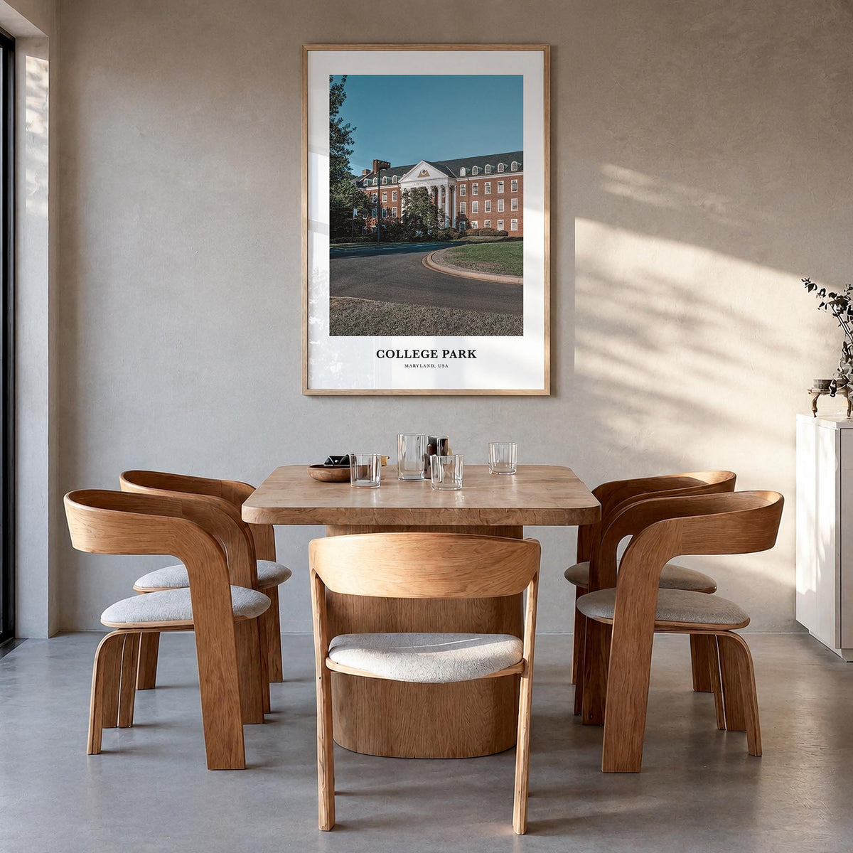 College Park colorful classic poster of Maryland, USA – vertical wall art in natural wood frame, hanging on wall