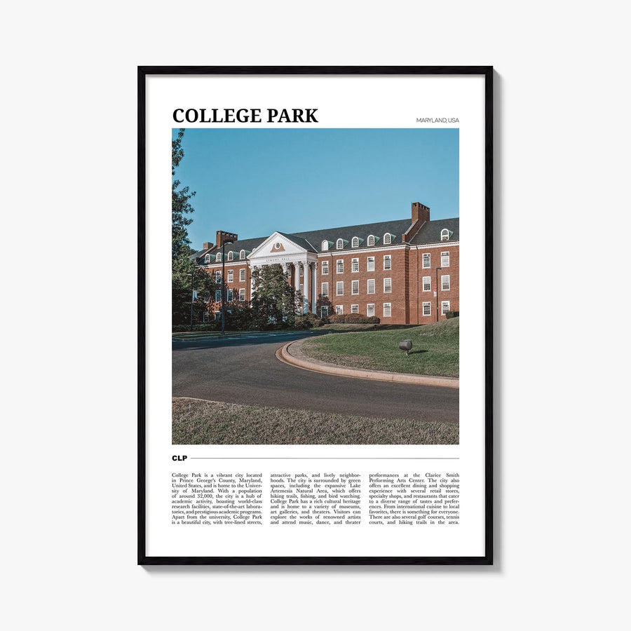College Park colorful travel poster of Maryland, USA – vertical wall art, unframed print shown in interior mockup