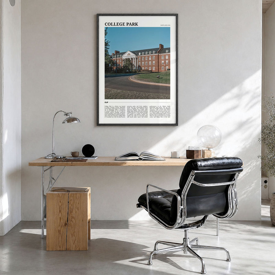 College Park Travel Poster in a black wood frame, hanging in a bright home office