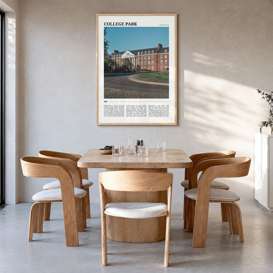 College Park Travel Poster in a natural wood frame, hanging in a dining room