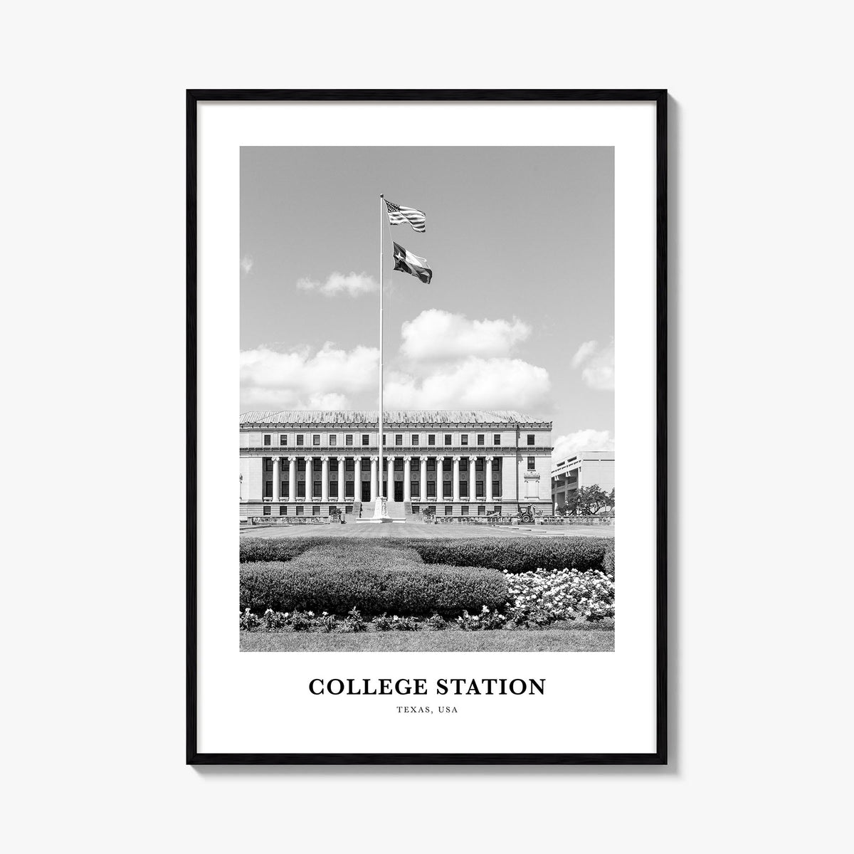 College Station black & white classic poster of Texas, USA – vertical wall art, unframed print shown in interior mockup