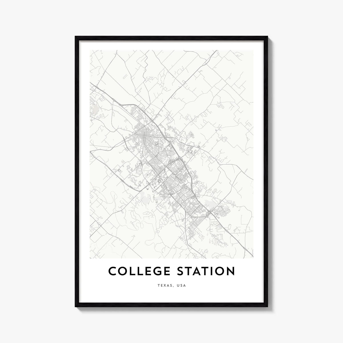 College Station black & white map poster of Texas, USA – vertical wall art, unframed print shown in interior mockup
